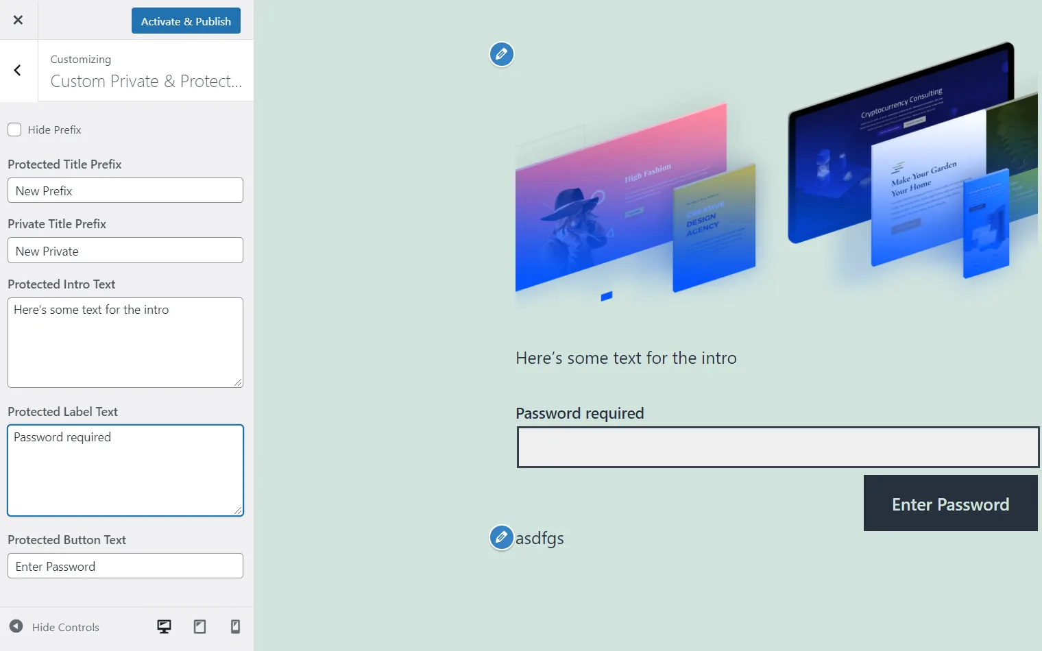 The WordPress Customizer open on the plugin's panel: a Hide Prefix checkbox, fields for the protected and private title prefix and for the intro, label and button text, beside a live preview of the password form with those words applied.