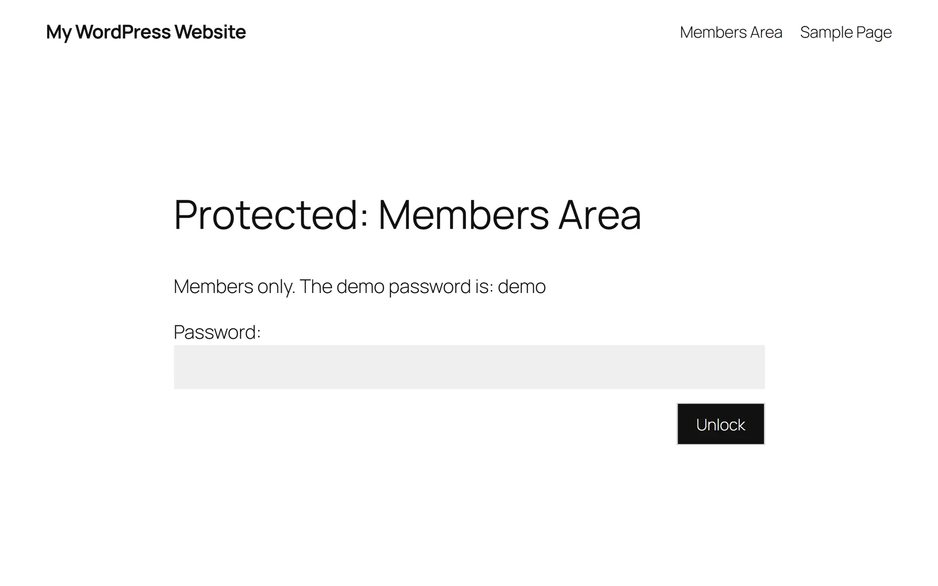 A password-protected page on the Twenty Twenty-Five block theme. Under the title "Protected: Members Area", the form reads "Members only. The demo password is: demo", with a password field and a button labeled Unlock.