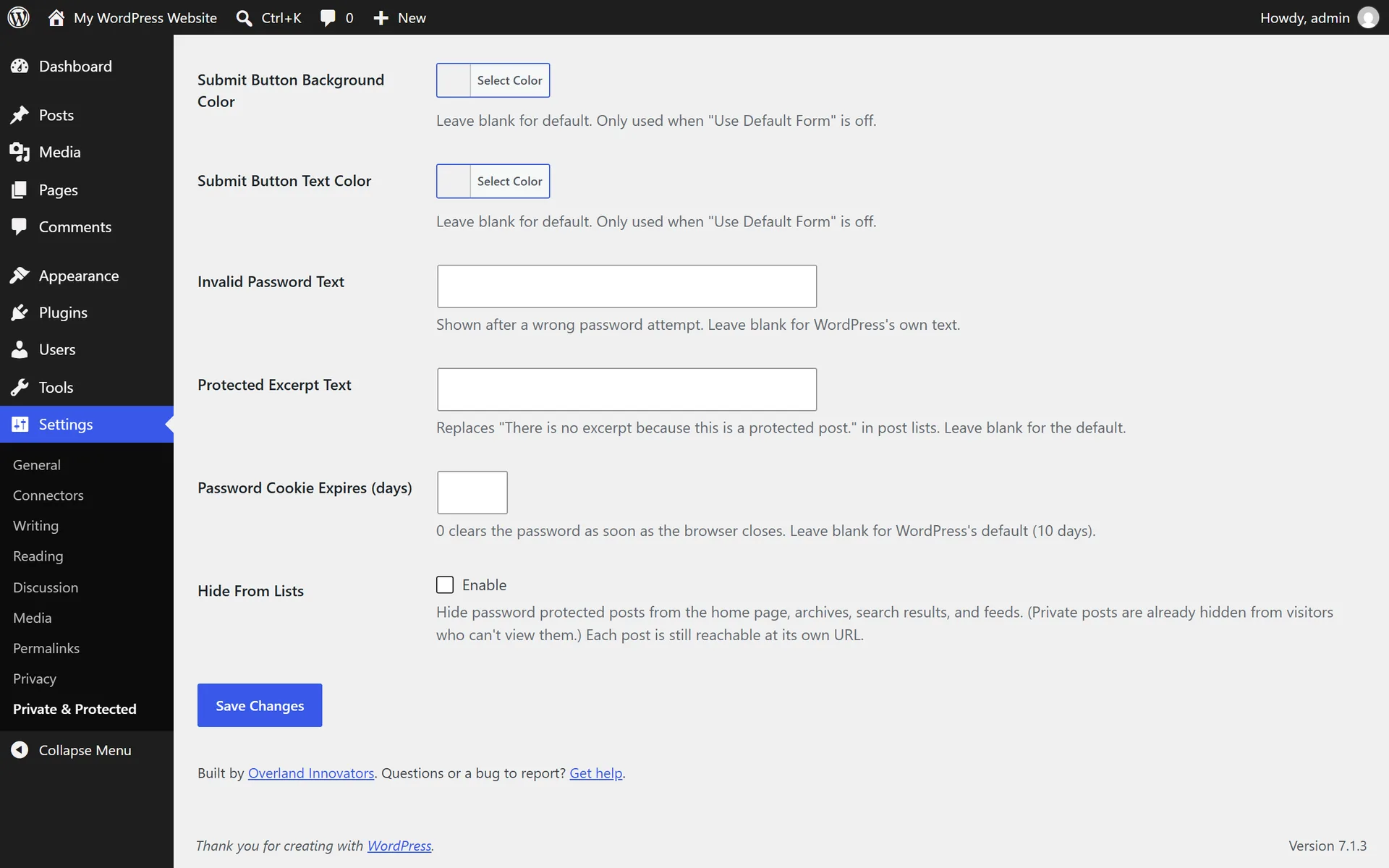 The plugin's settings page in the WordPress admin, scrolled to the bottom: the submit button colors, then Invalid Password Text, Protected Excerpt Text, Password Cookie Expires in days and a Hide From Lists checkbox, above a Save Changes button.