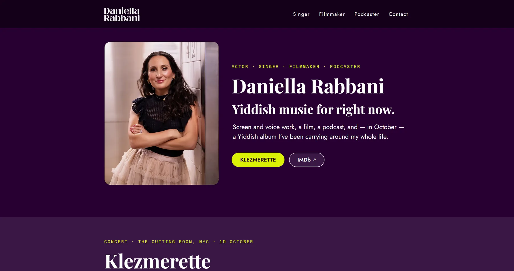 The top of Daniella Rabbani's redesigned homepage: a dark plum page with her portrait, her name, a short line about her new album and two buttons.