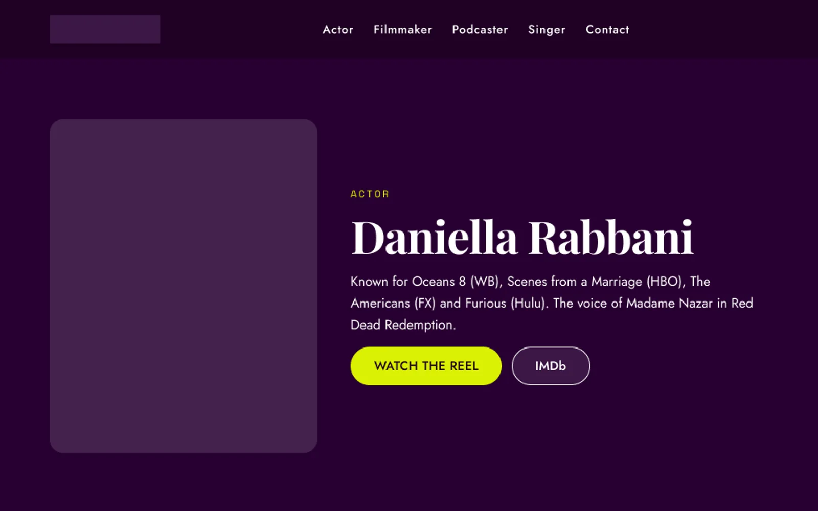 The first strip of the one-page layout in Figma: a header with anchor links, a name, a line of credits and two buttons, with a placeholder where the portrait goes.