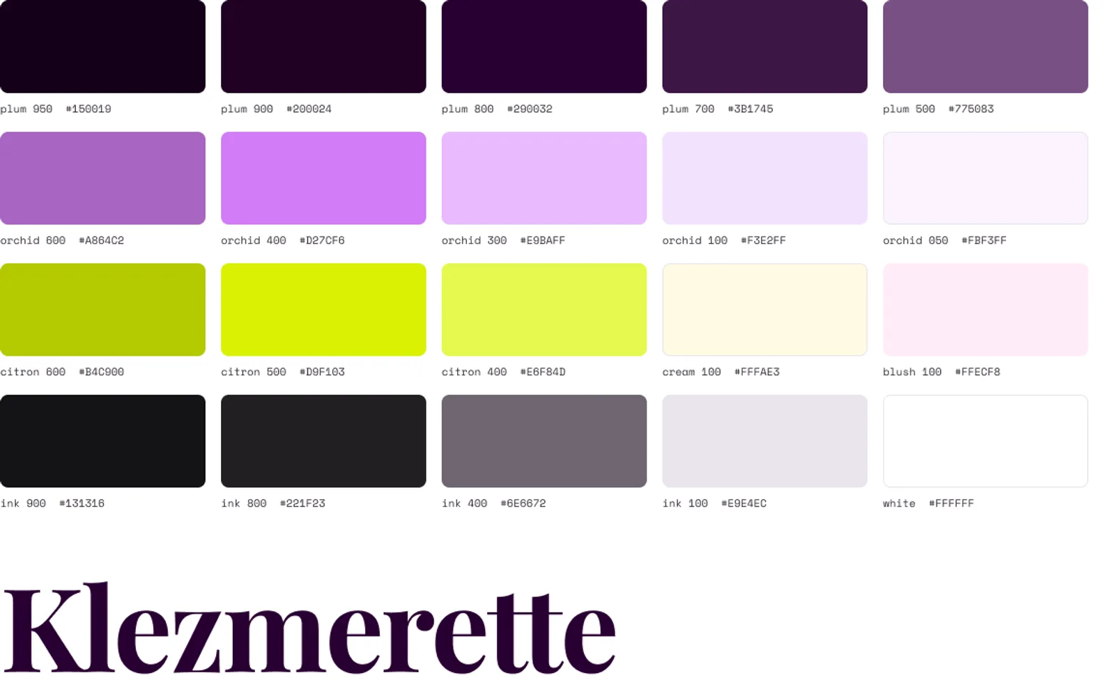 The palette and type scale from the Figma file: five plums, five orchids, three citrons, cream, blush and a ramp of inks, above the display serif.