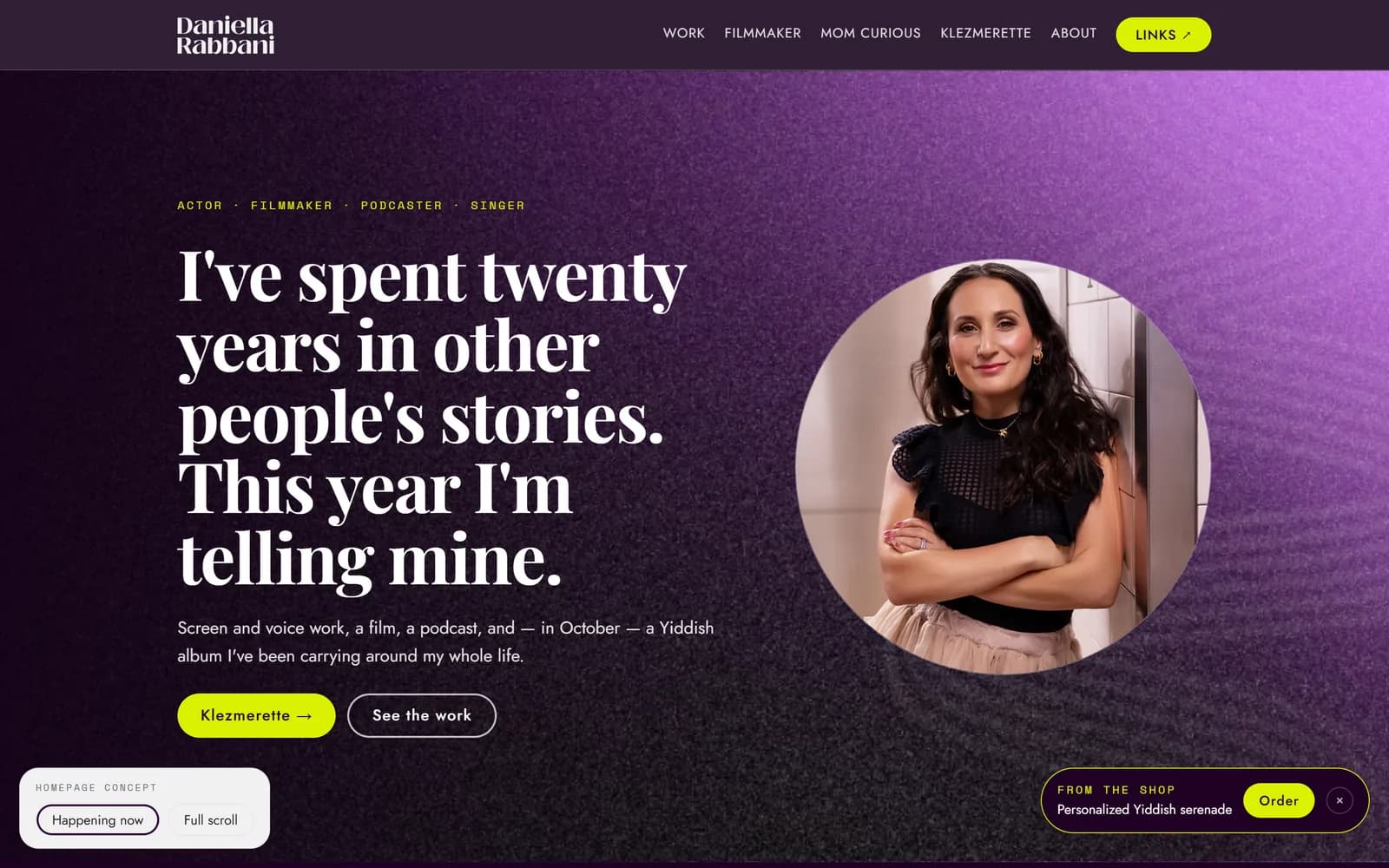 The hero of the proposed homepage: a purple, grainy ground, a large serif headline, the portrait in a circle, and a ticker of credits.