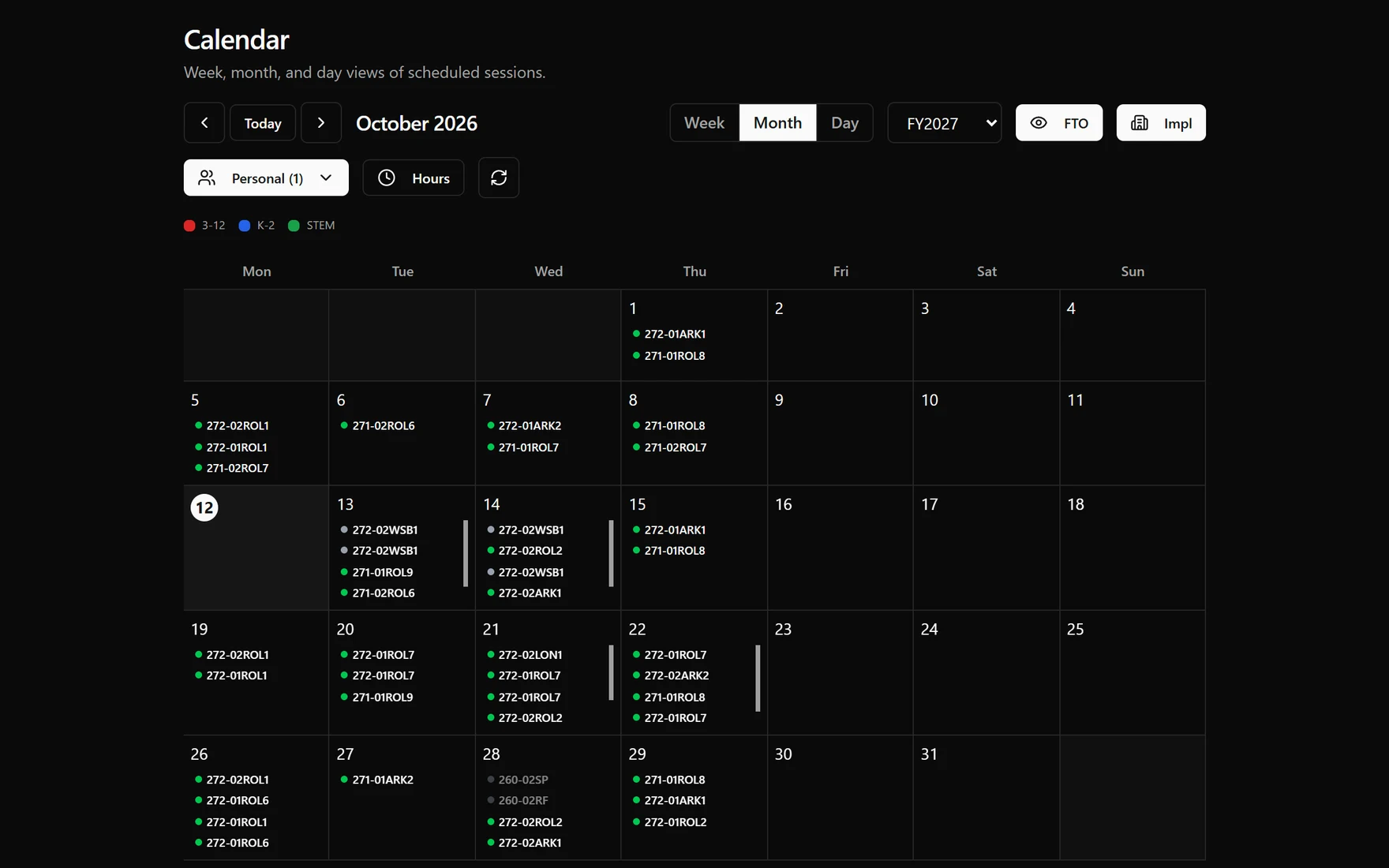 The scheduler's calendar in month view for October, with a fiscal-year selector and week, month and day switches. Each day lists its sessions by section code.
