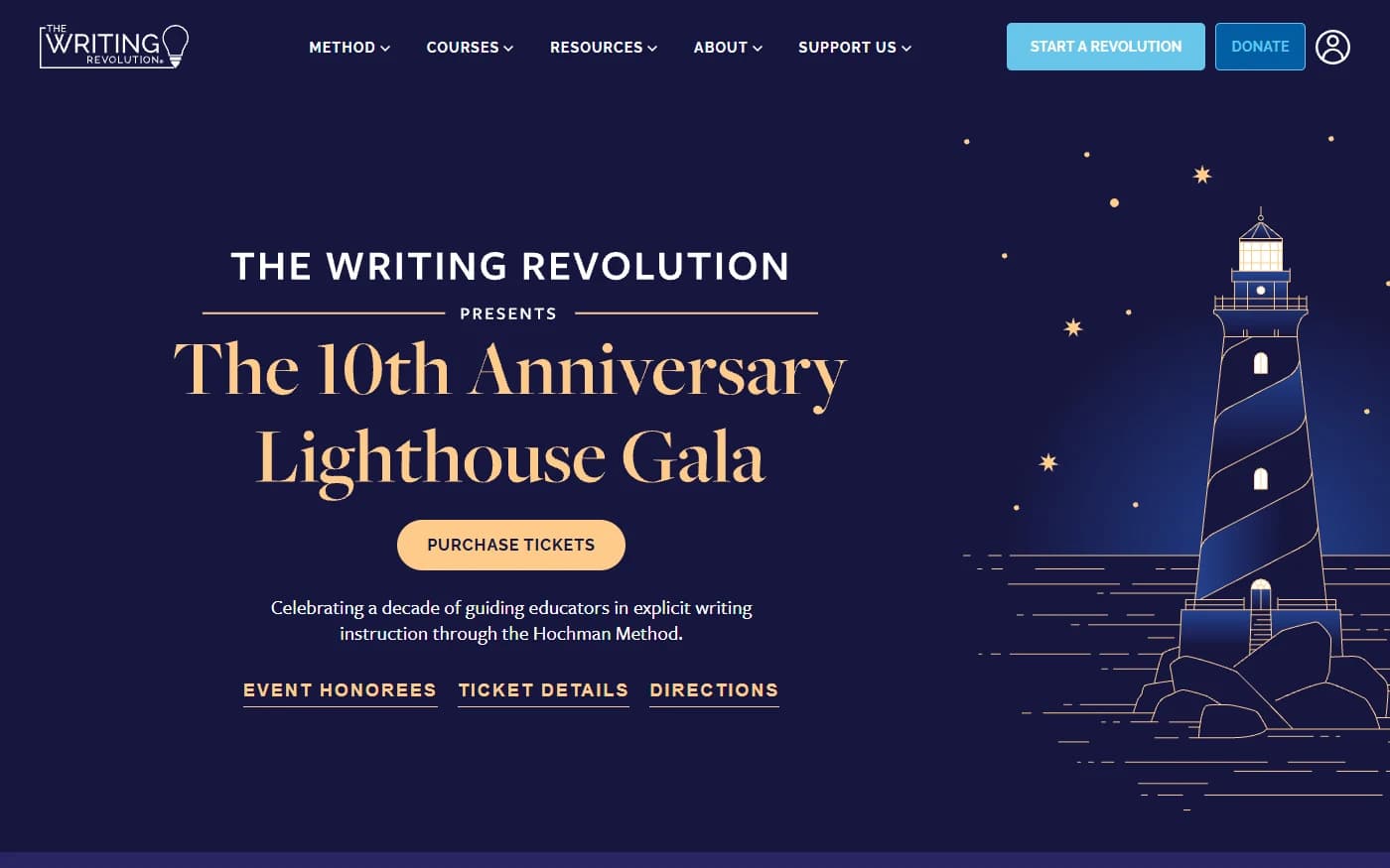 An event landing page on the platform: a dark navy page with gold serif type, a lighthouse illustration and a ticket button.