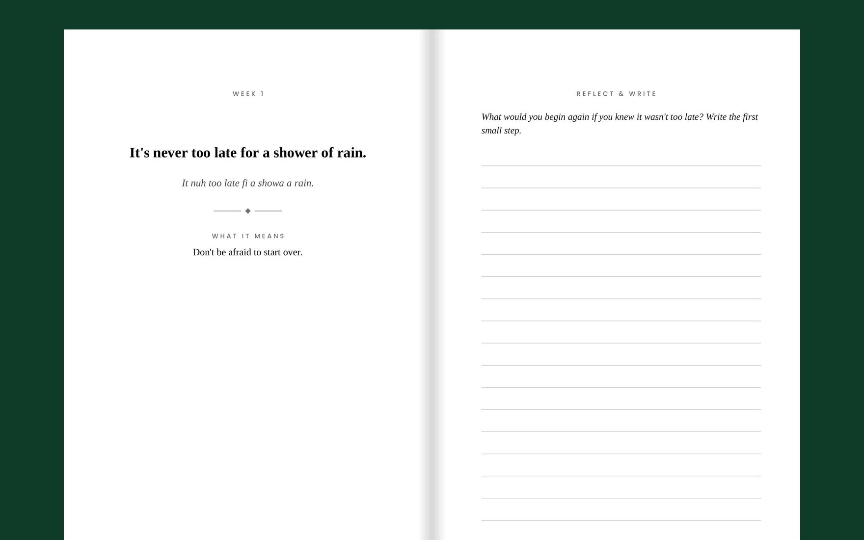 The Week 1 spread: the saying, the patois and what it means on the left, a question and a lined page on the right.