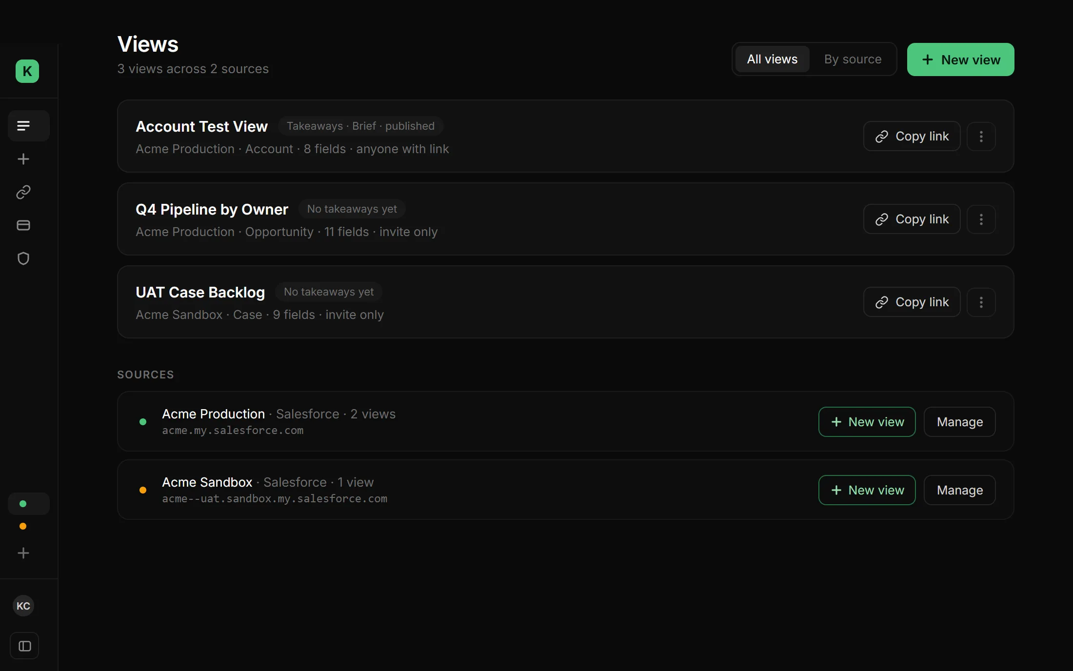 Koto's redesigned Views screen: a slim sidebar and three shareable views, each with a Copy link button.