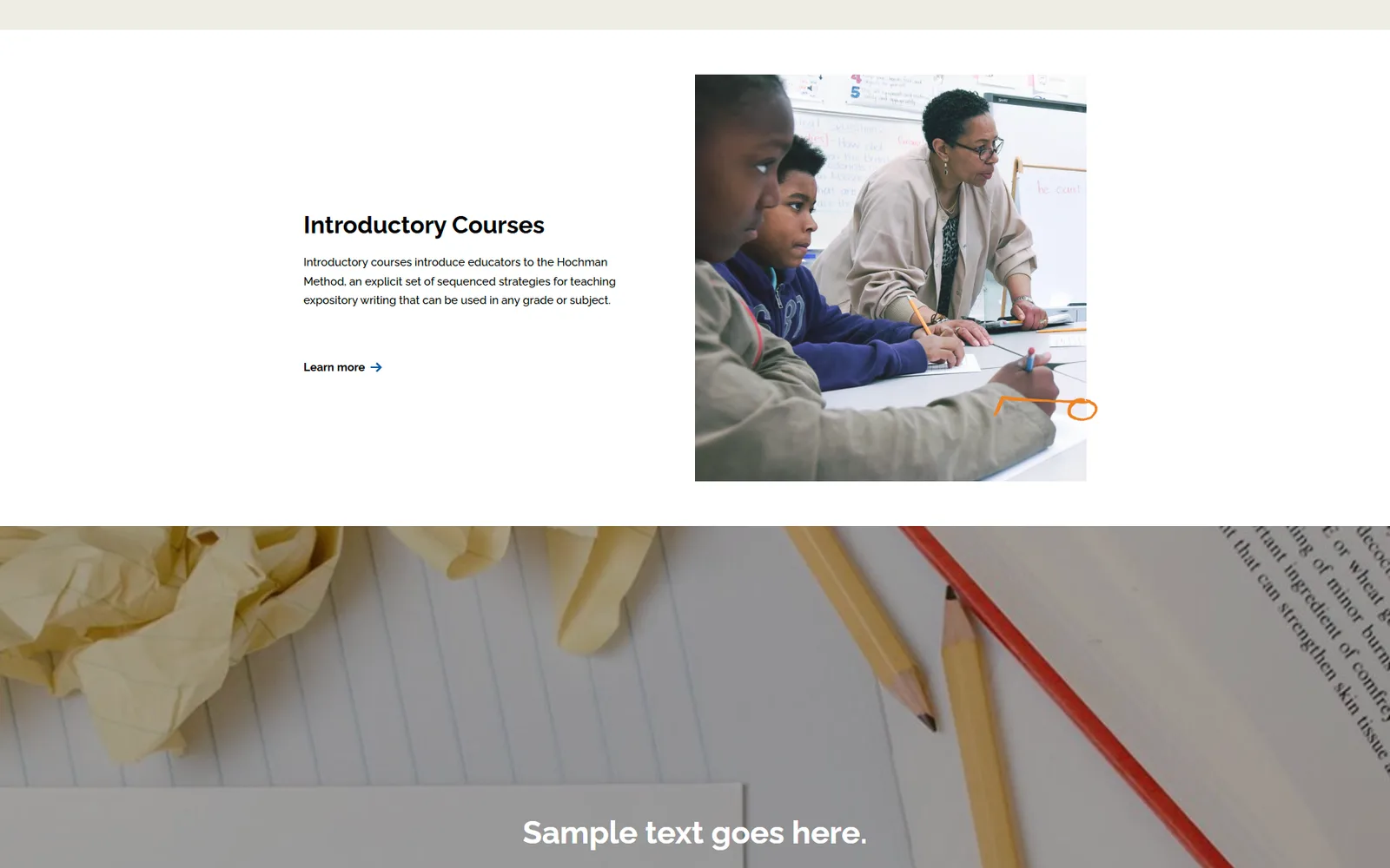 The same test page further down: an image beside a heading, a paragraph and a Learn more link, then a full-width photograph of pencils and paper with the text "Sample text goes here." over it.