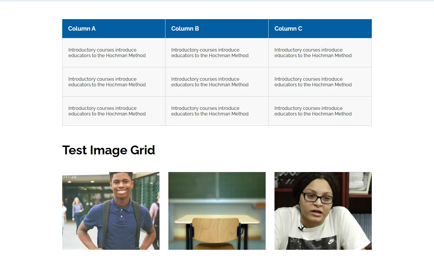 A table block with a blue header row and three columns of placeholder text, and below it an image grid block with three photographs under the heading Test Image Grid.