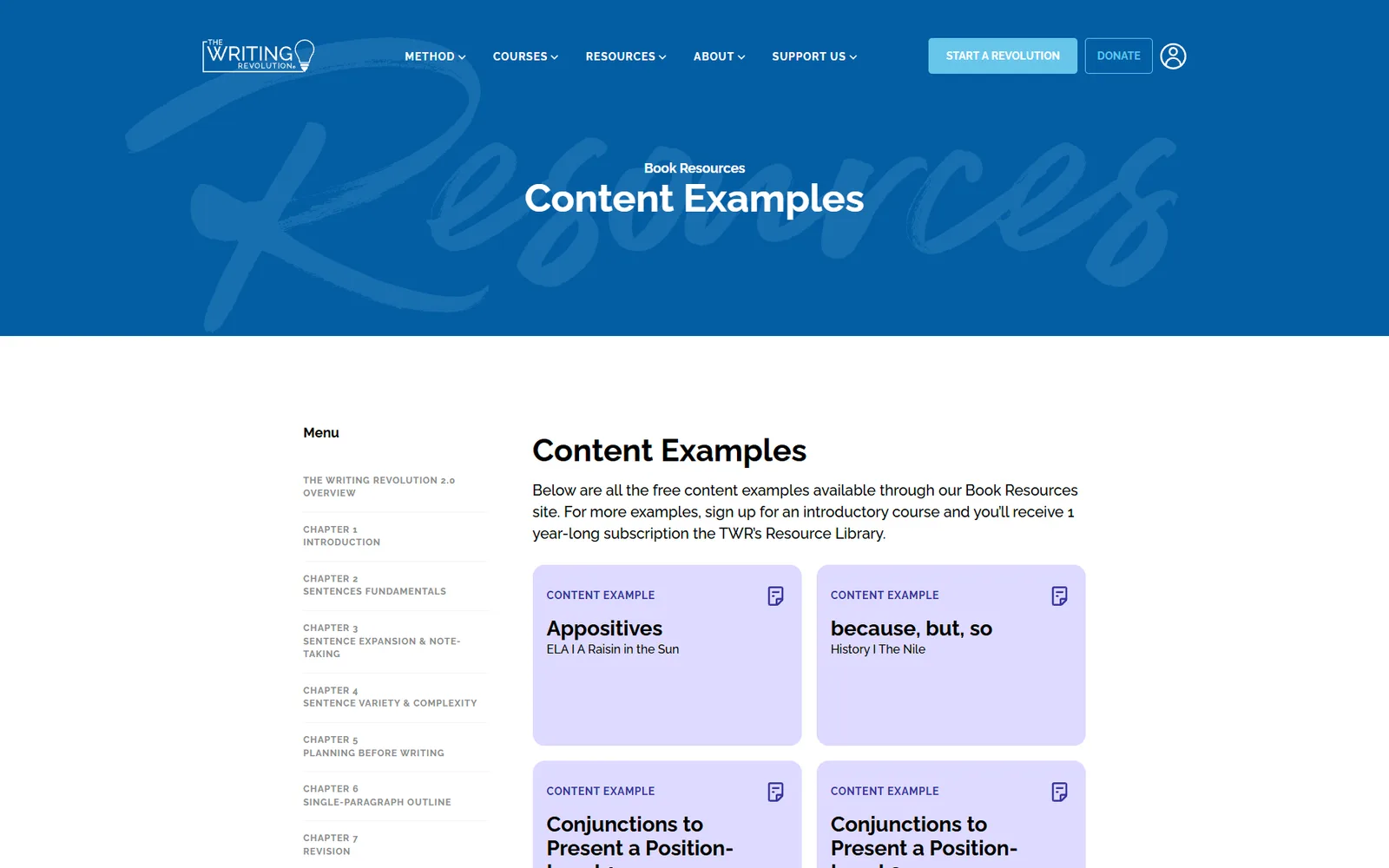 A Content Examples page under a blue Resources header: a chapter menu at the left and, beside it, a grid of lavender cards, each labeled Content Example with a title and a subject.