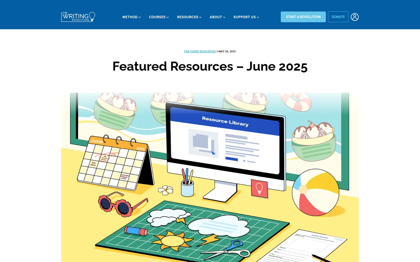 A featured-resources page headed "Featured Resources – June 2025", under the site's blue header and navigation, with an illustrated desk scene: a June calendar, a monitor reading Resource Library, a beach ball, sunglasses and ice cream sundae art.